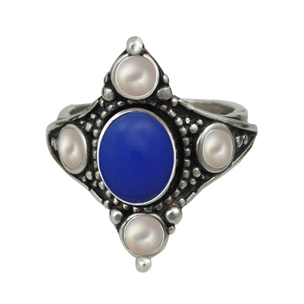 Sterling Silver Queen's Ring With Blue Onyx And Cultured Freshwater Pearl Size 9